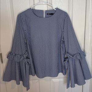 Ina Blue gingham Blouse w/belled statement sleeves. great for spring and summer